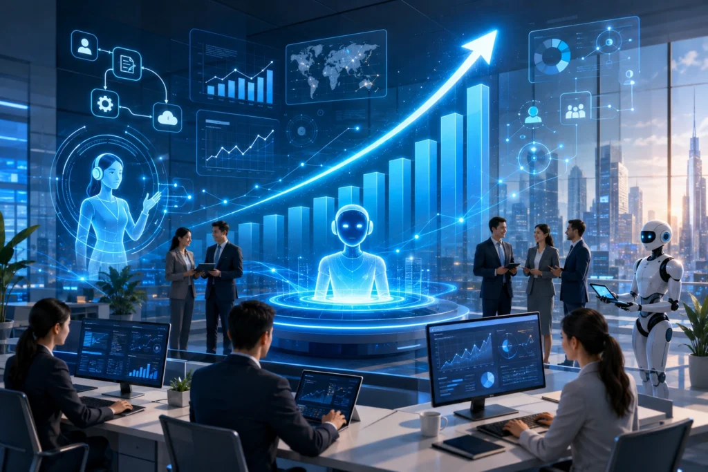 Modern office by an AI Agent development company featuring AI assistants, real-time analytics dashboards, workflow automation, predictive insights, and collaborative teams driving productivity, smarter decision-making, and business growth.