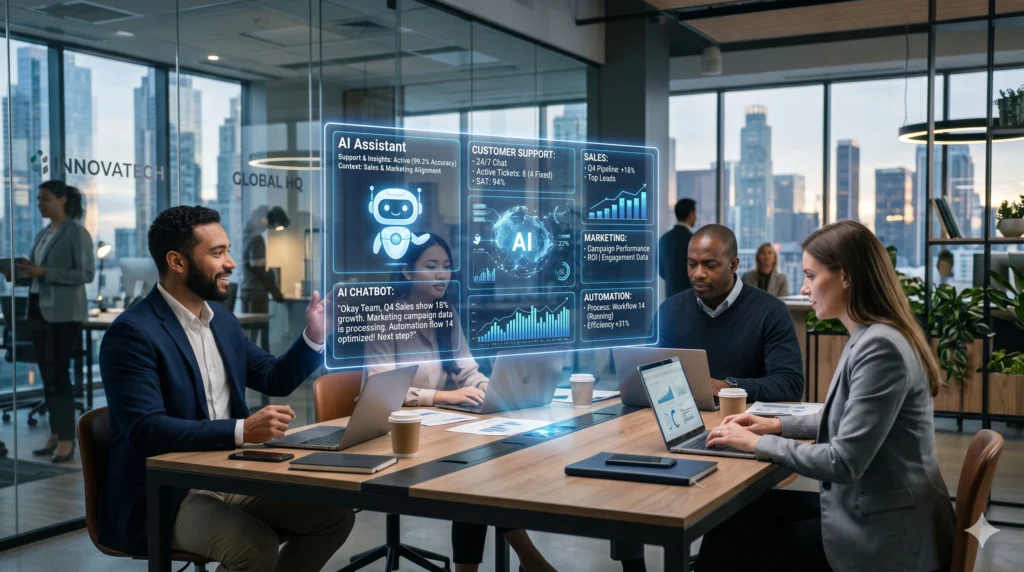 Business professionals using an AI assistant dashboard to automate customer support, sales, marketing, and workflow management, demonstrating AI automation for business productivity and collaboration.