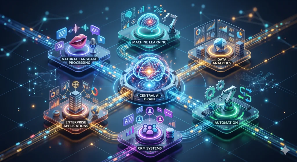 Illustration of an AI development company featuring a central AI brain connected to machine learning, natural language processing, data analytics, CRM systems, enterprise applications, and intelligent workflow automation for digital transformation.