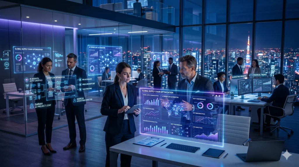 Modern business office using AI automation for business with real-time analytics dashboards, workflow automation, supply chain optimization, predictive insights, and collaborative decision-making to improve operational efficiency.
