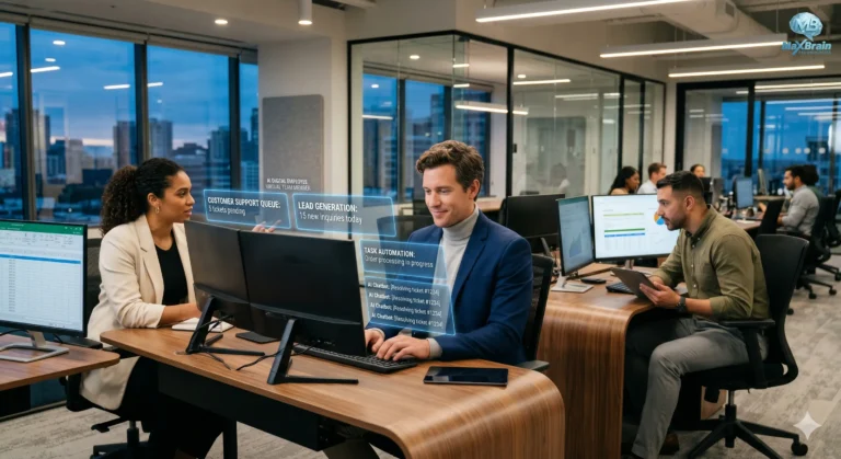 AI Chatbot Development for Business Automation showcasing employees collaborating with AI-powered virtual assistants, automated customer support, lead generation, task automation, and intelligent workflow management in a modern office.