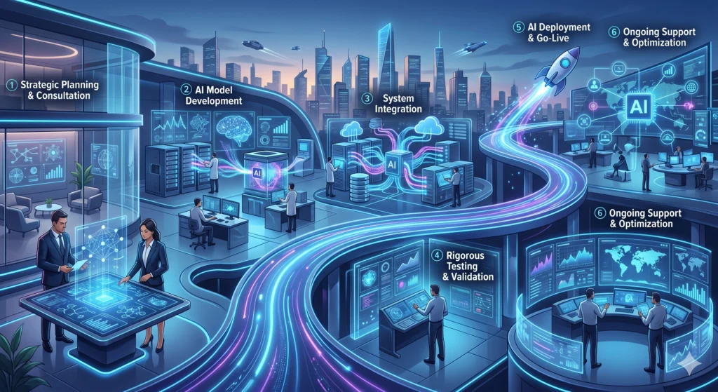 Illustration of an AI development company showcasing the AI development process, including strategic planning, AI model development, system integration, testing and validation, deployment, and ongoing support for enterprise AI solutions.
