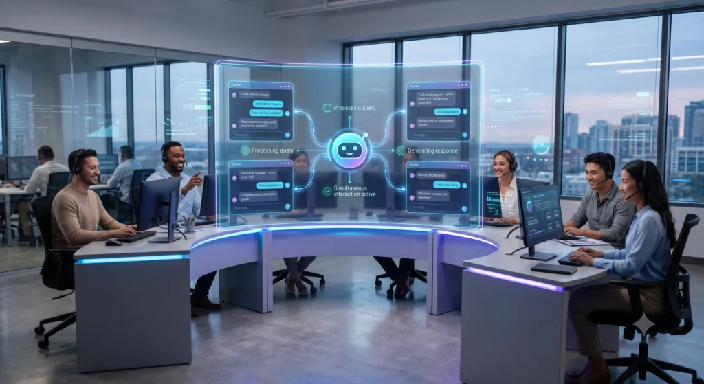 Five executives in a modern boardroom at dusk reviewing a glowing holographic presentation of business metrics and AI networks, showcasing an AI Agent development company's solutions.
