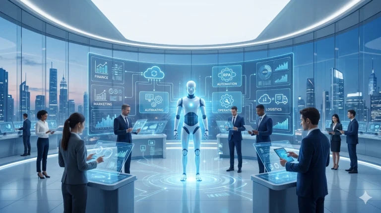 A futuristic, professional command center where diverse business people collaborate with a central glowing humanoid AI agent amidst holographic workflows and data visualization interfaces.