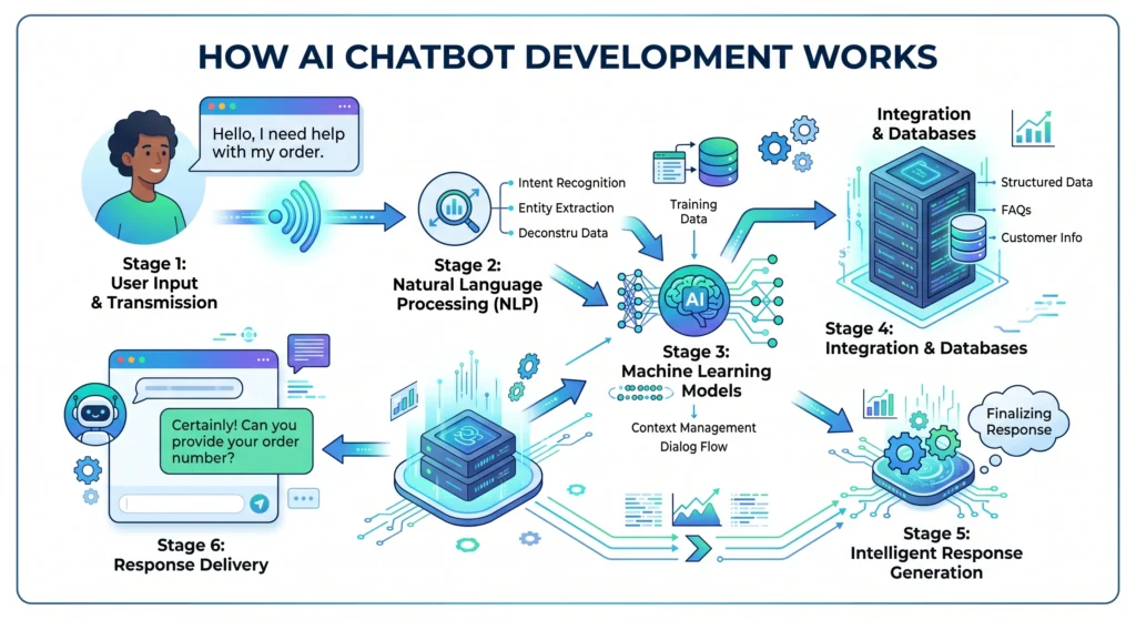 Illustration showing how AI chatbot development works, including user input, natural language processing (NLP), machine learning models, database integration, intelligent response generation, and response delivery in a six-stage workflow.