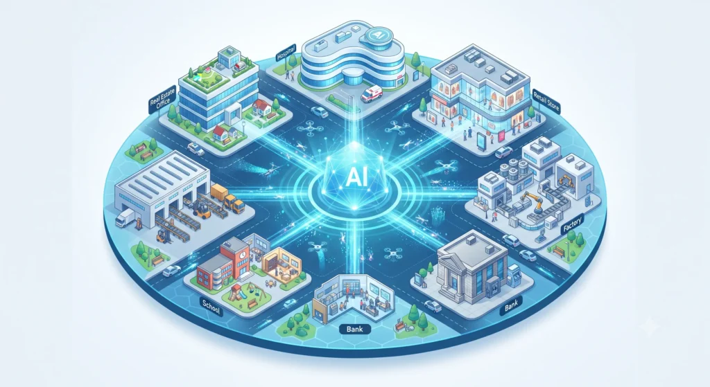 Illustration showcasing AI Integration Services connecting healthcare, retail, banking, manufacturing, education, logistics, and real estate through a centralized AI-powered ecosystem for intelligent business operations.