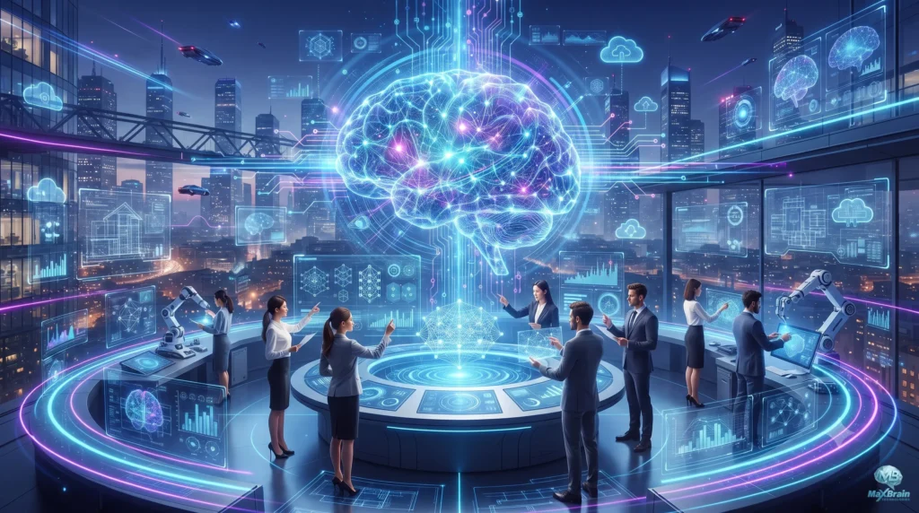 AI Integration Services illustration showing a futuristic AI brain connecting business systems, cloud platforms, analytics dashboards, robotics, and enterprise workflow automation.