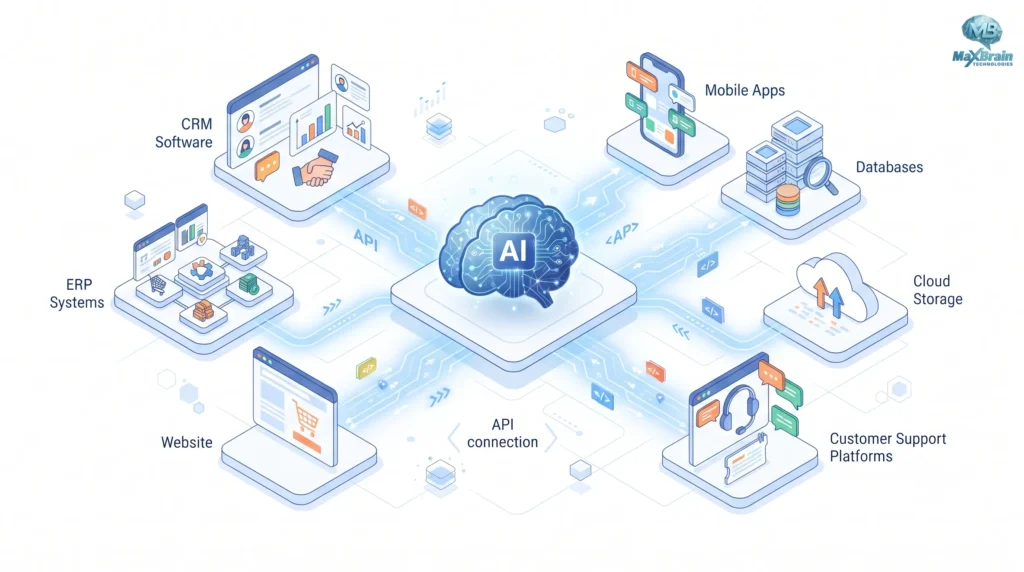 AI Integration Services diagram showing AI connected through APIs with CRM software, ERP systems, websites, mobile apps, databases, cloud storage, and customer support platforms for business automation.