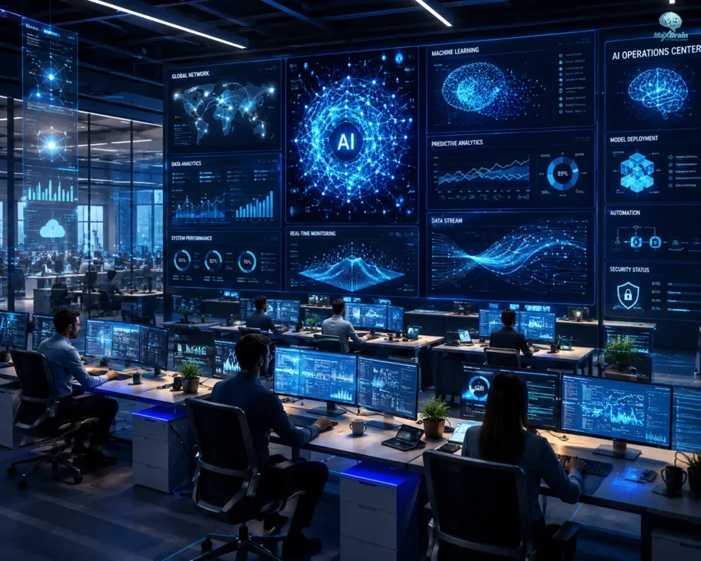 "Leading AI Development Company showcasing a futuristic smart city with a glowing AI brain, robotics, holographic dashboards, and business professionals using AI technology."
