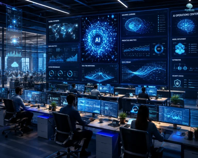 "Leading AI Development Company showcasing a futuristic smart city with a glowing AI brain, robotics, holographic dashboards, and business professionals using AI technology."