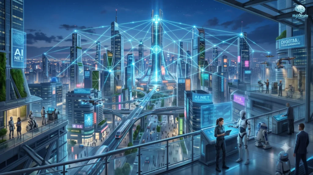Futuristic smart city with AI network integration, connected skyscrapers, robots, drones, and digital transformation.