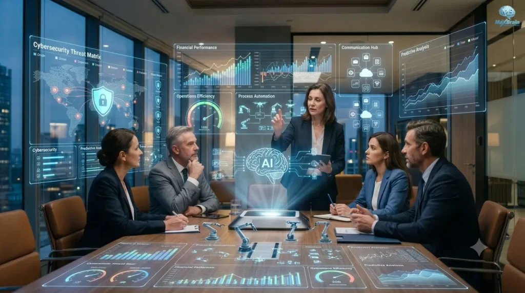 Five business executives in a modern high-tech boardroom reviewing glowing holographic data charts, a world map, and a central AI brain, showcasing AI Automation for Business through intelligent analytics, collaboration, and data-driven decision-making.
