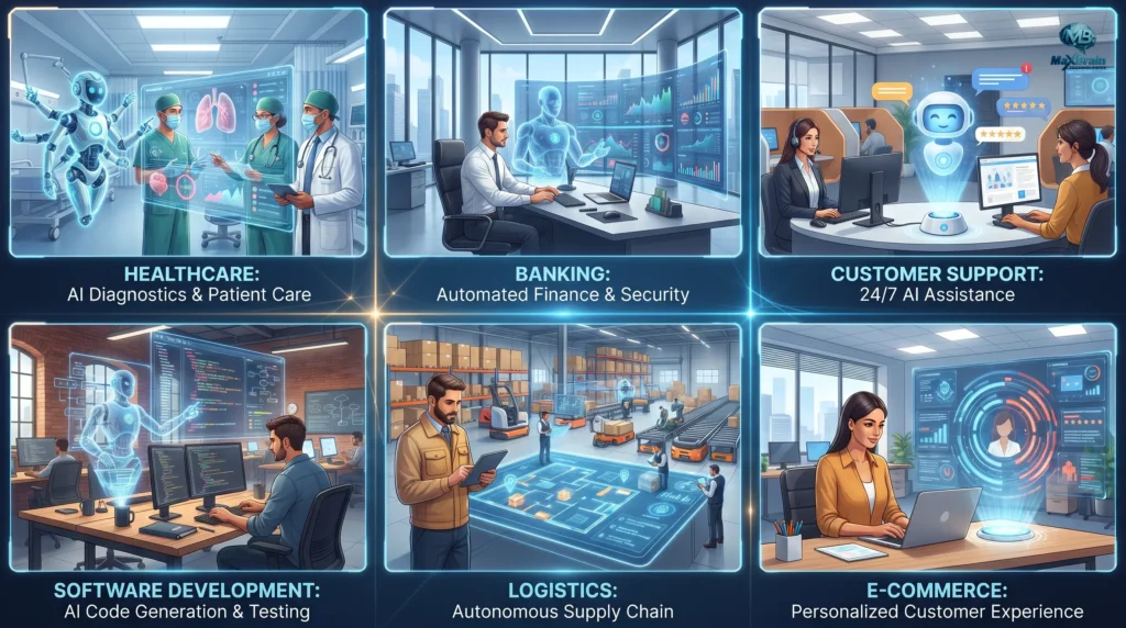 Illustration showcasing Autonomous AI Agents transforming industries including healthcare, banking, customer support, software development, logistics, and e-commerce through AI-powered automation, intelligent decision-making, and personalized customer experiences.