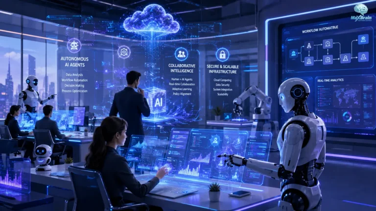 Autonomous AI Agents collaborating with humans through holographic dashboards, workflow automation, cloud computing, robotics, and real-time data analytics in a futuristic smart office.