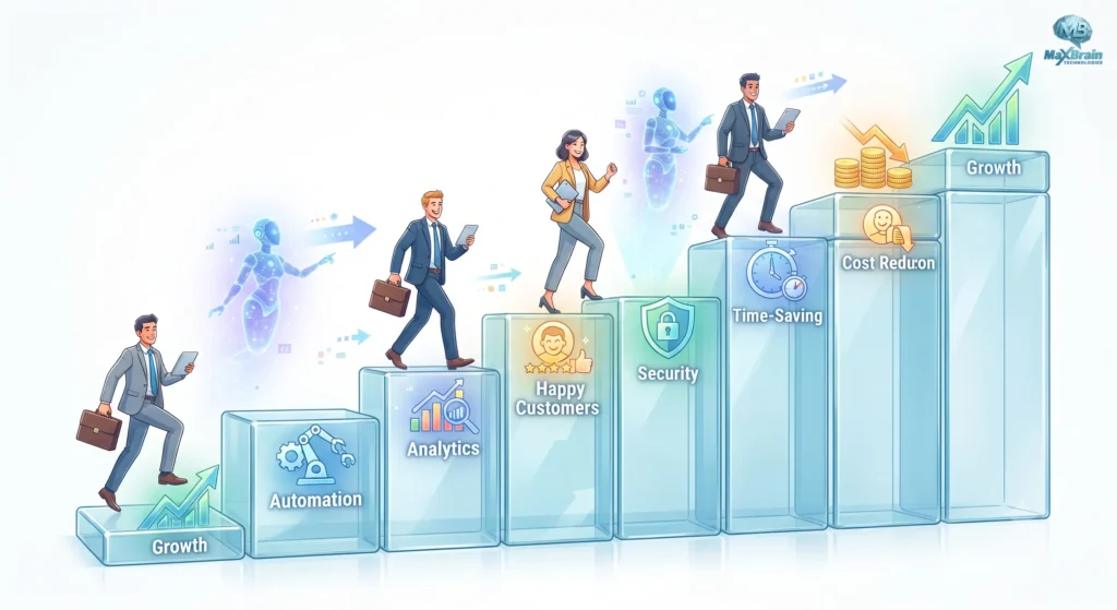 Illustration showing the key benefits of AI Integration Services, including business automation, analytics, customer satisfaction, security, time savings, cost reduction, and business growth through AI-powered solutions.