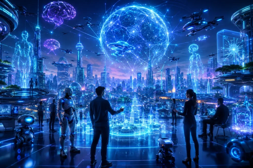 Futuristic smart city where humans, autonomous AI agents, robots, and interconnected neural networks collaborate through advanced cloud computing and generative AI, showcasing the vision of an AI development company.
