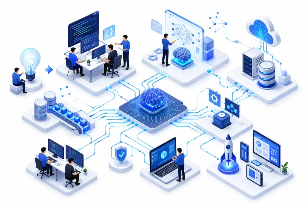 Isometric illustration of an AI development company transforming business ideas into AI-powered software using developers, machine learning, cloud infrastructure, APIs, and automated deployment workflows