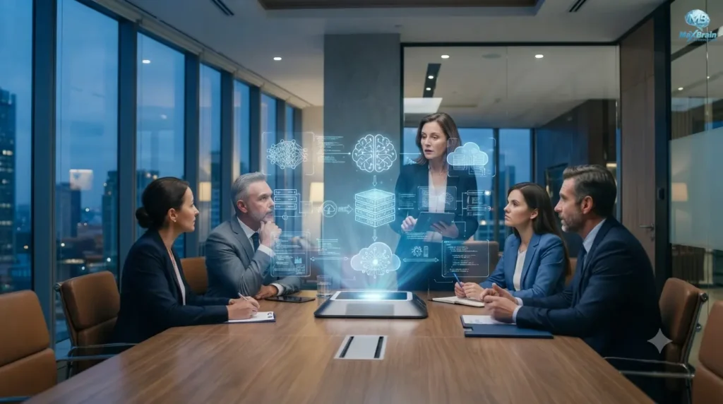 Business professionals collaborating with a Generative AI Development Company to build AI agents, LLM-powered applications, and enterprise AI solutions using cloud technology.