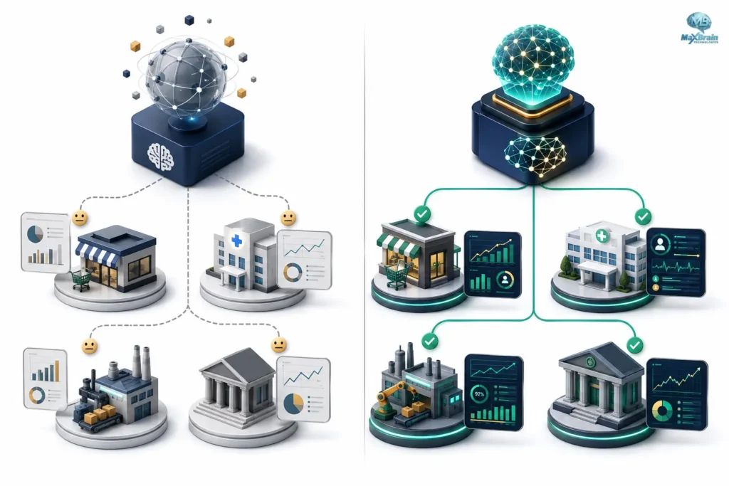 3D split-screen illustration comparing generic AI software with custom machine learning services supporting retail, healthcare, manufacturing, and finance.