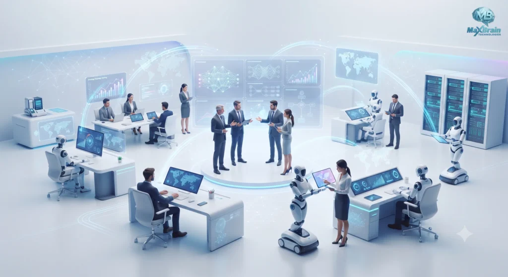 A professional team of experts collaborating in a modern office, utilizing advanced holographic AI interfaces and data analytics to showcase the capabilities of a top-tier Generative AI development company.