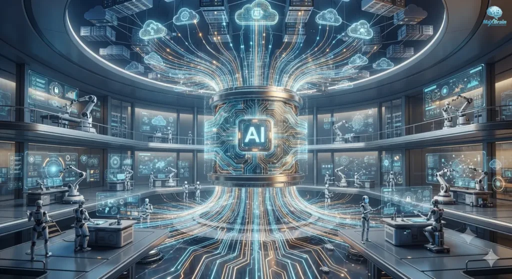 A professional, high-tech boardroom setting featuring a female business executive leading a presentation using an interactive holographic interface that displays security shields, data charts, and artificial intelligence symbols, while diverse team members observe, showcasing collaborative corporate innovation and digital transformation.