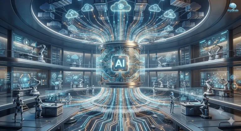 A professional, high-tech boardroom setting featuring a female business executive leading a presentation using an interactive holographic interface that displays security shields, data charts, and artificial intelligence symbols, while diverse team members observe, showcasing collaborative corporate innovation and digital transformation.
