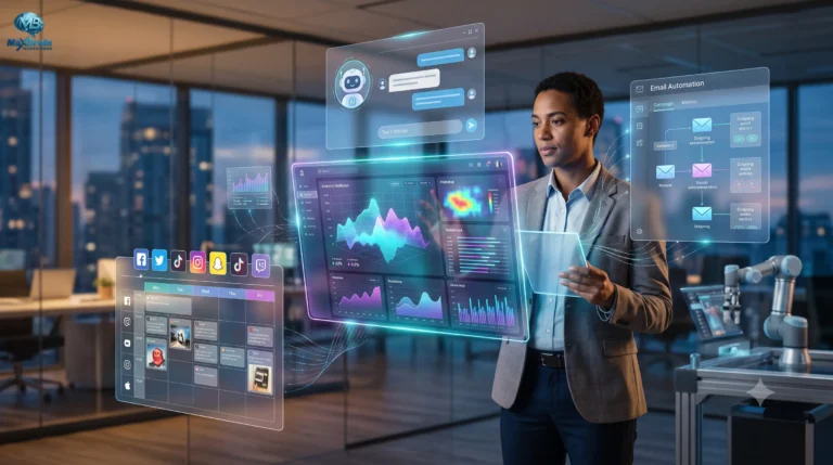 "Business professional using AI-powered marketing automation, analytics dashboards, chatbots, and social media tools developed by a Generative AI Development Company."