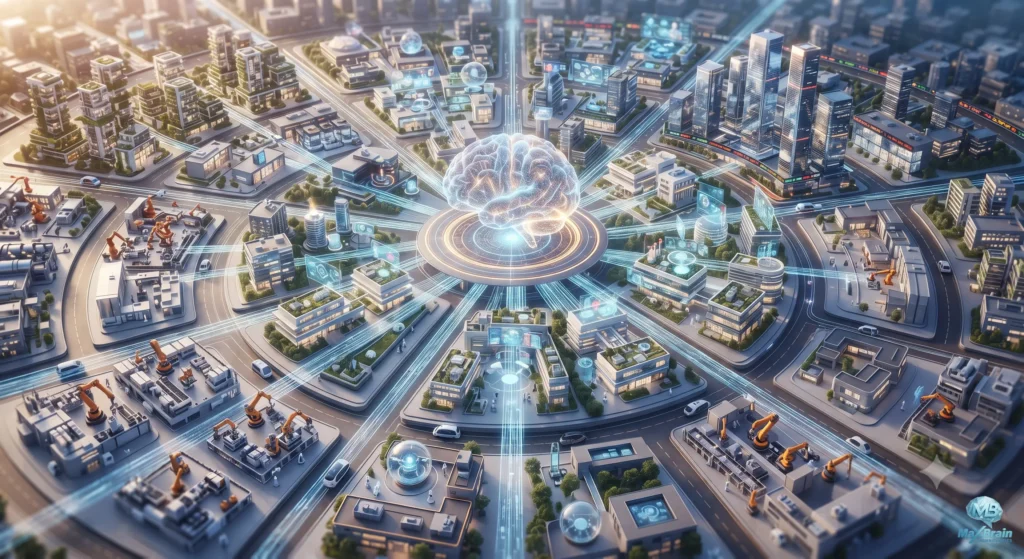 A high-angle aerial photograph of a interconnected, radial smart city with a glowing digital brain at its center.