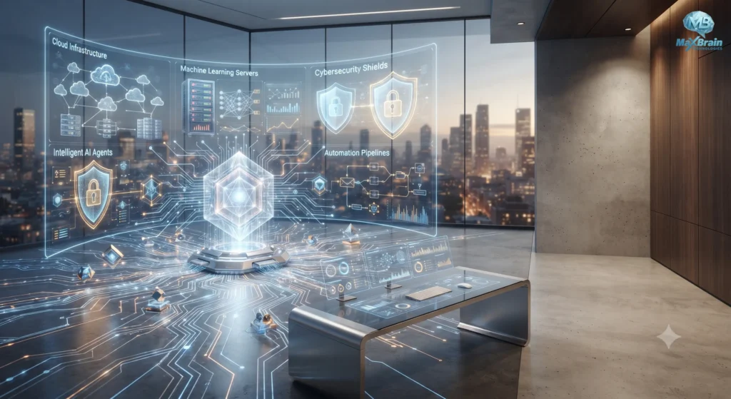 AI development company
Futuristic smart office with holographic AI dashboards displaying cloud infrastructure, machine learning, cybersecurity, automation pipelines, and intelligent AI agents, overlooking a modern city skyline.
