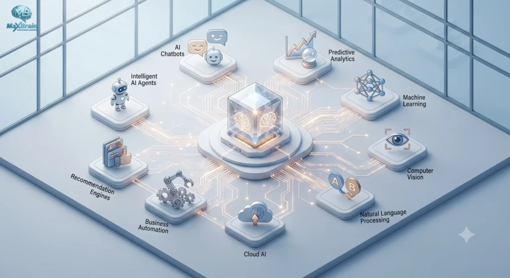 A professional, high-tech boardroom setting featuring a female business executive leading a presentation using an interactive holographic interface that displays security shields, data charts, and artificial intelligence symbols, while diverse team members observe, showcasing collaborative corporate innovation and digital transformation.