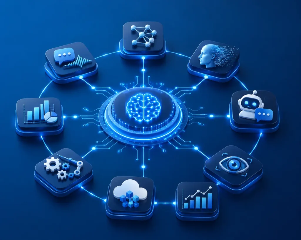 Corporate infographic-style illustration of an AI development company featuring a glowing central AI core connected to icons representing machine learning, generative AI, AI agents, computer vision, NLP, predictive analytics, cloud AI, business intelligence, and automation.